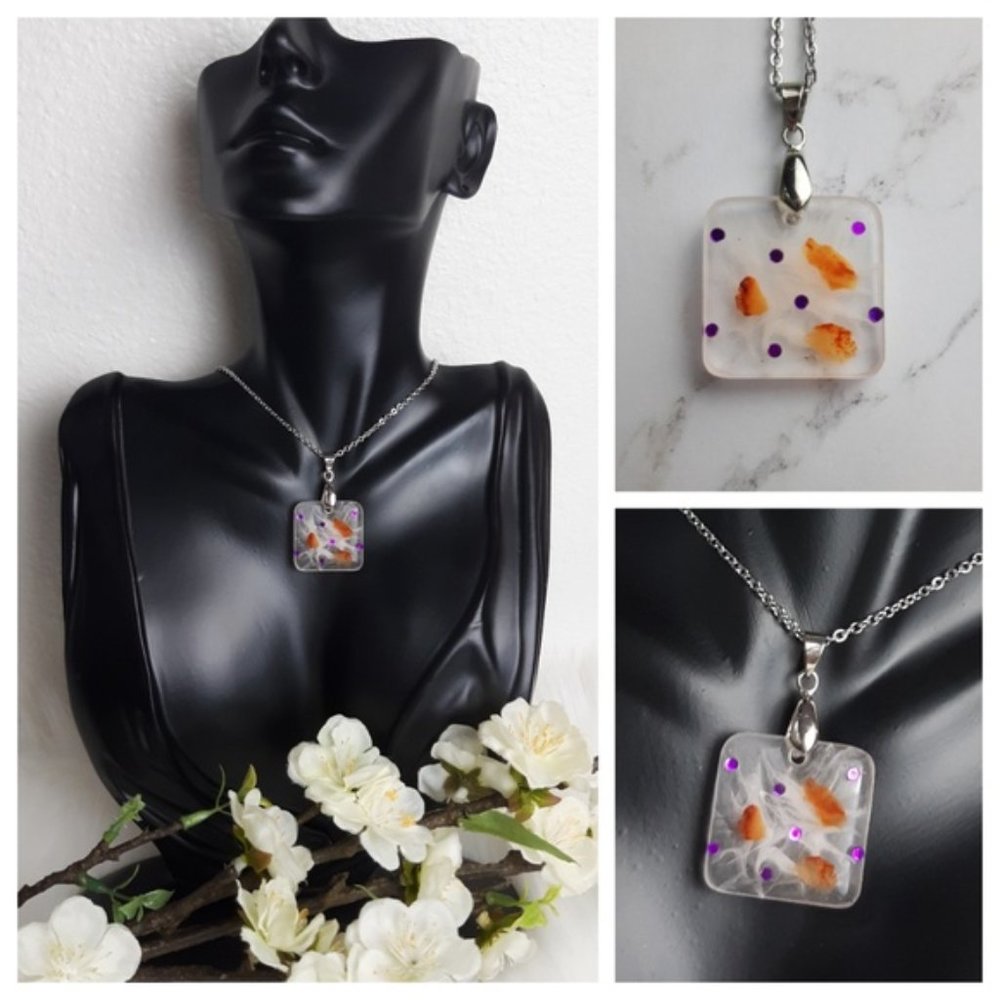 Purple and Orange Pendant Necklace Handmade Floating Gemstone and Crystals Resin